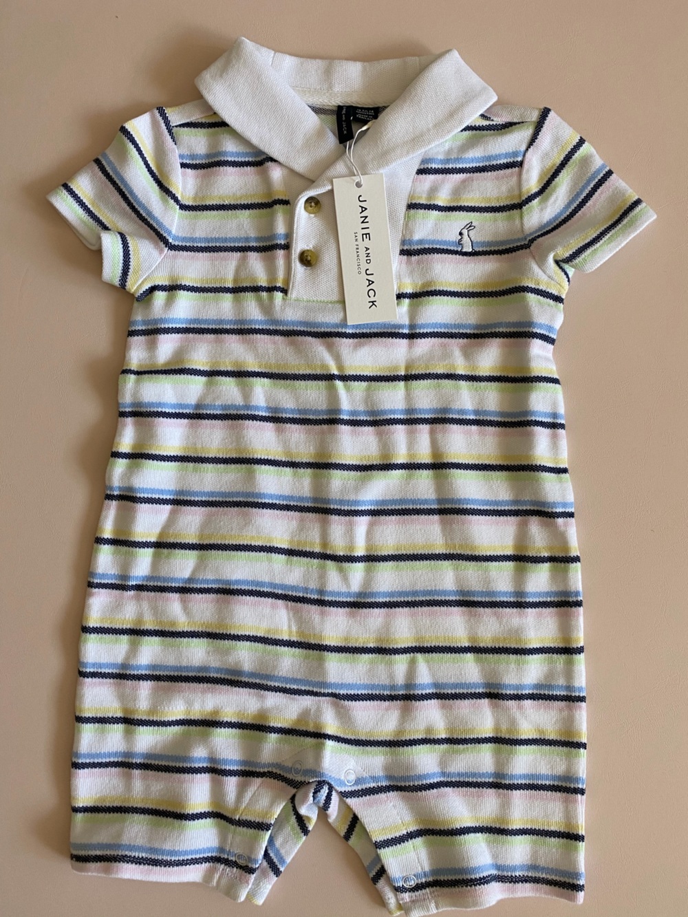 Janie and Jack White Polo Dress with Navy, Light Blue & Lime Stripes